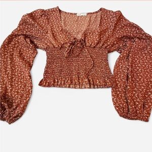 ROMWE Floral Smocked Rust Blouse
